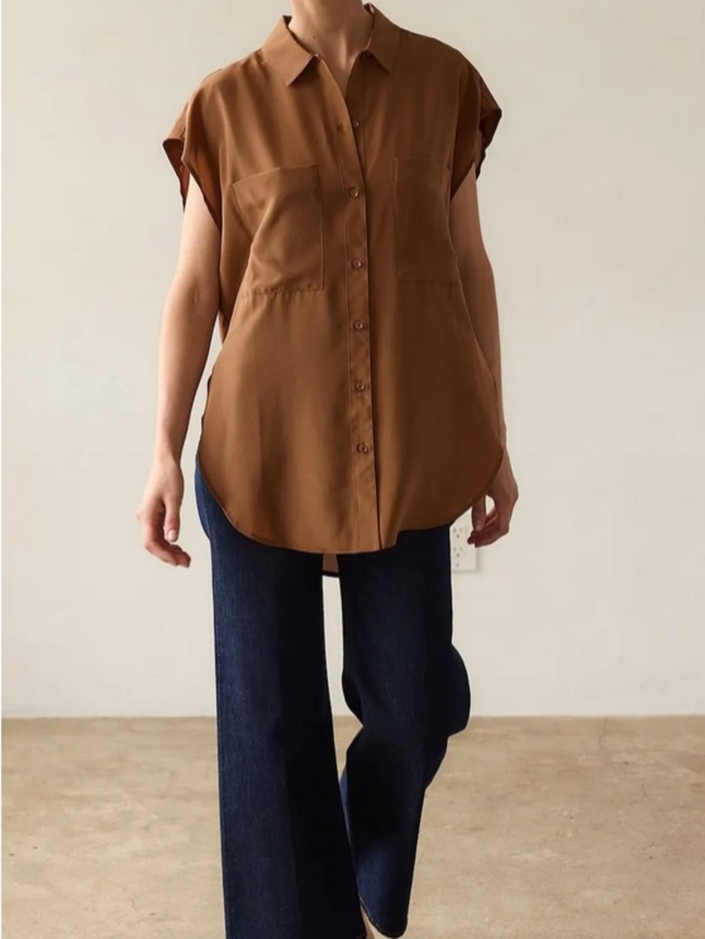 Jamie Haller Reiki Silk Shirt  Button-Front Tunic Blouse in Warm Brown